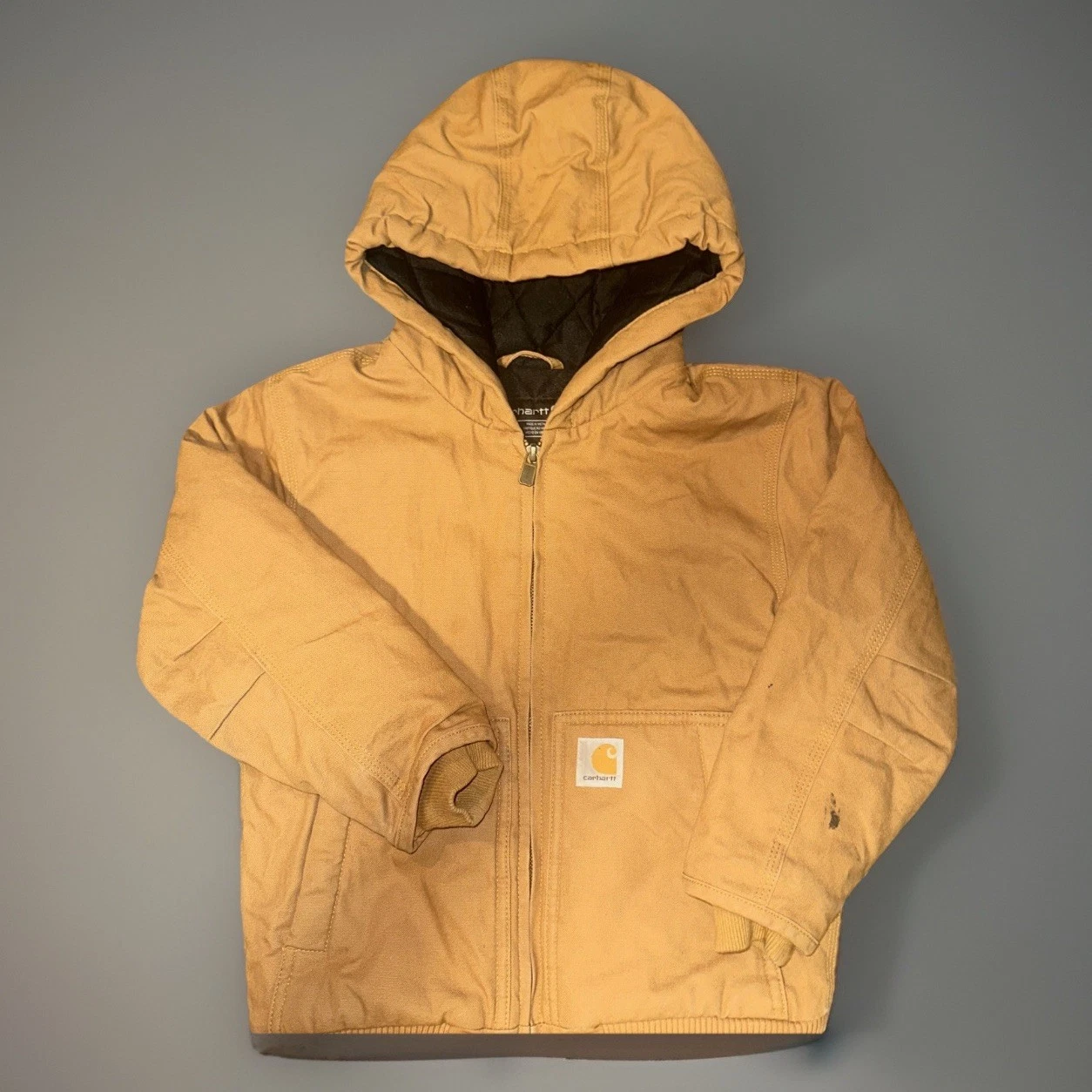 Carhartt Jacket Youth S 7-8 Brown Quilted Lined Hooded Canvas Full Zip #OJ8545-B