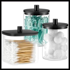 Glass Qtip Holder Dispenser - 3 Pack, Bathroom Decor and Organizer, Black
