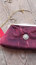 Burgundy Satin Clutch Bag with Floral Brooch and Chain Strap