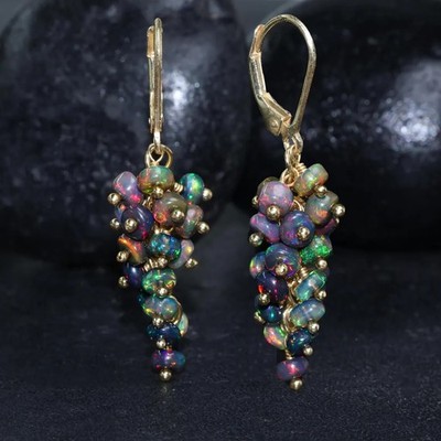 Black Ethiopian Opal grapes 18k gold gemstones handmade Earrings jewelry h5