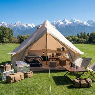 4 Season Bell Tent 9.8 FT, Green Waterproof Glamping Yurt Tent with Stove Jack, 