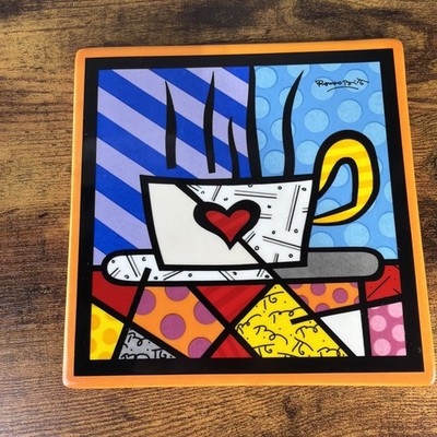 ROMERO BRITTO SQUARE SIDE PLATE - TEA CUP COFFEE  HEART ** 6 x 6 