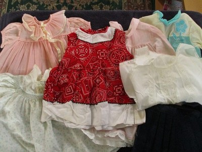 Vintage Girls Clothing Lot - 6-12 Mo. Dresses, Pleated Skirt, Slip & Night Gown