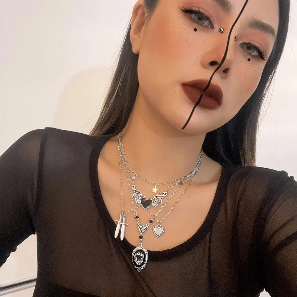 Goth Dämon Flügel Herz Anhänger Schwert Halskette Silber Gothic Schmuck - Bild 3 von 4