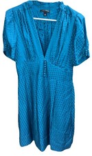 Banana Republic 100% Silk Dress 10 Teal Blue Polka Dot Jacquard Empire Waist