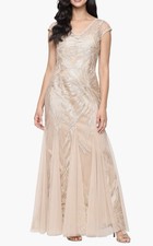 Alex Evenings Gold Cap Sleeve Embroidered Tulle Sz 16P Gown 299