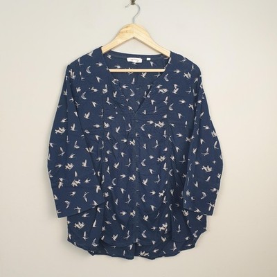 Fat Face Tunic Women UK 12 Blue Bird Print Swallow Relaxed Soft Drape 3/4 Sleeve