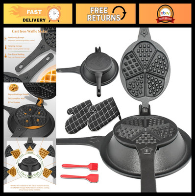 Retro Cast Iron Waffle Maker - 5 Shapes, Pre-Seasoned, Non-Drip, Stove Top Grill