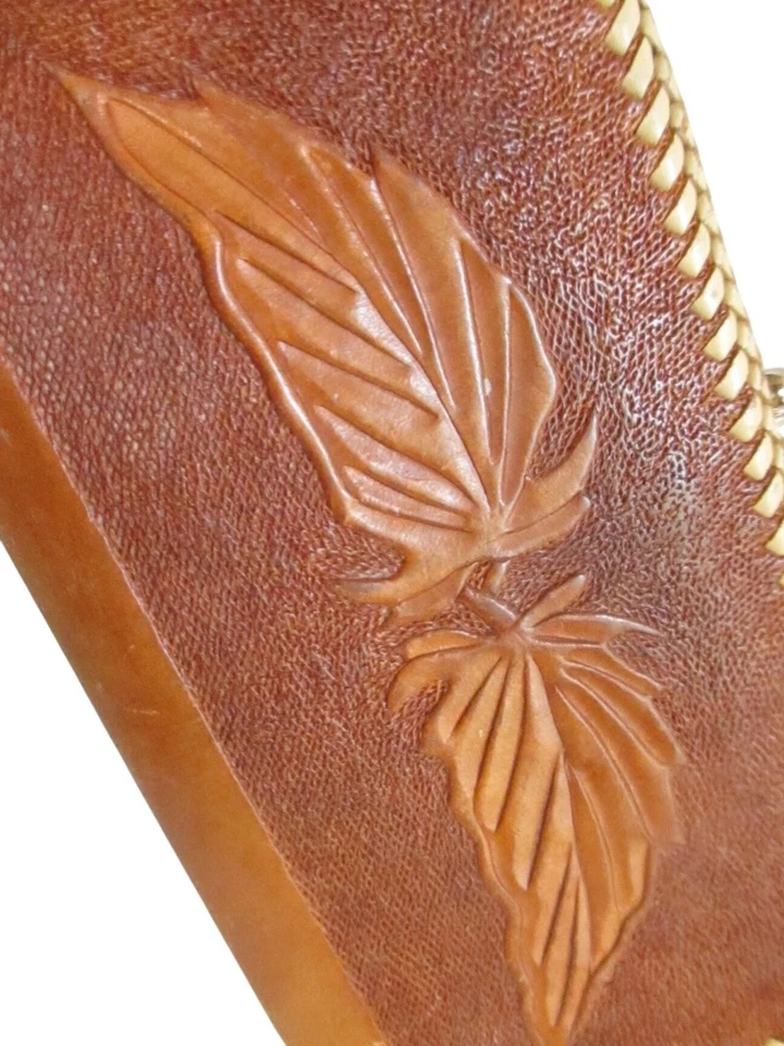 Cartera sin asas vintage años 70 para mujer 7" hecha a mano cuero tocado hojas hippie Foto 3 de 4