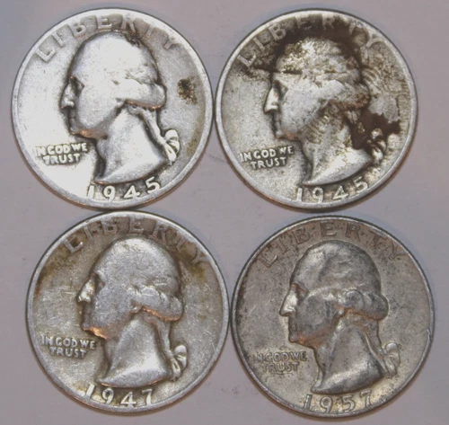 (4) Washington Quarters - 90% Silver - 1945 1945D 1947 1957D - Details - #2512EA