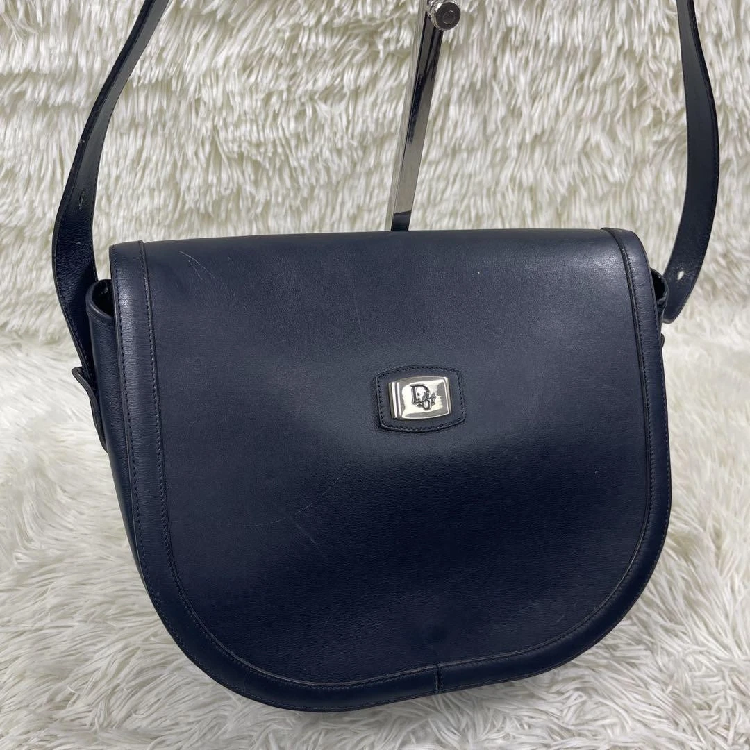 Sac bandoulière Christian Dior logo raccords tout cuir bleu marine