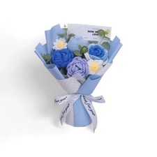 Handcrafted Crochet Rose Bouquet Knitted Flower Arrangement Birthday Blue