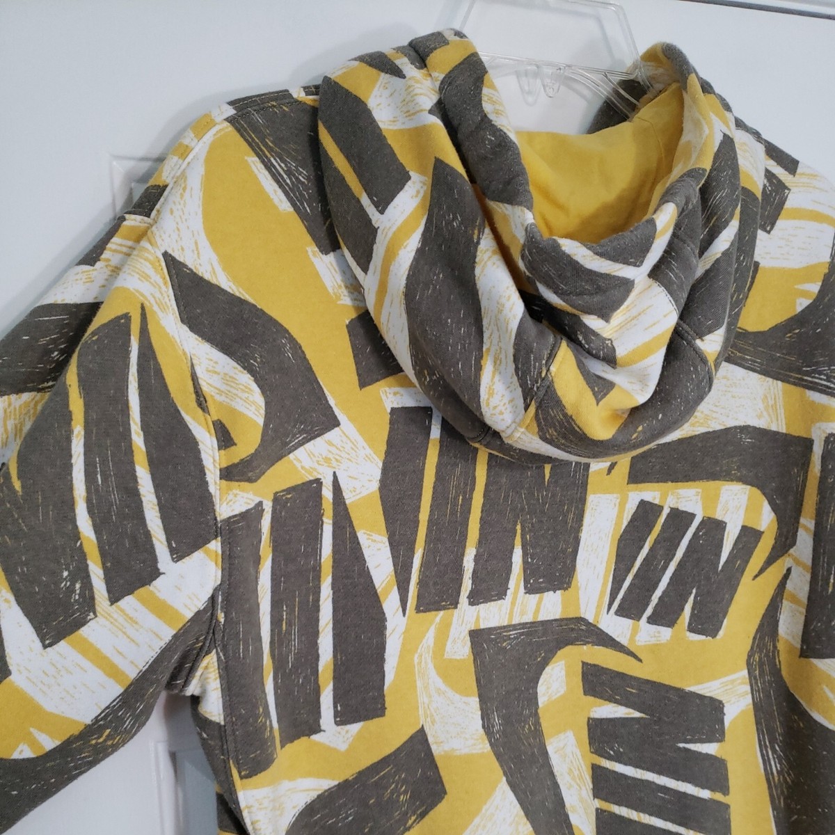 Nike Swoosh All Over Hoodie Yellow Gray White Men's Size XS- Stain
