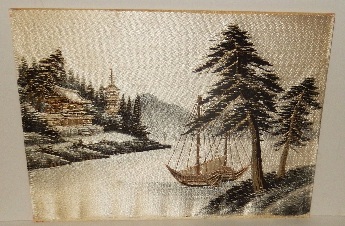 糸の絵画　即日発送 OLD JAPANESE SILK SAIL BOAT RIVER TEMPLE EMBROIDERY TAPESTRY
