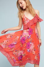 Anthropologie Maeve Dress Red Grecia Ruffle Floral V Neck Flowy Boho Size 6