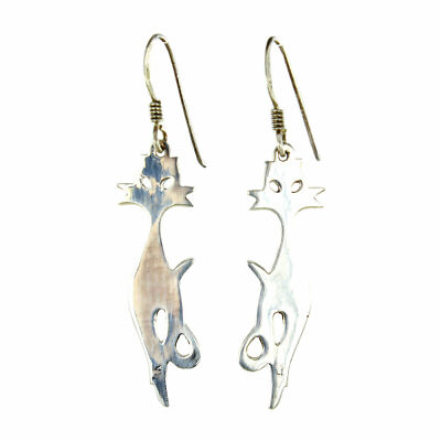 Milano Narrow Retro Silhouette Cat Sterling Silver Fish Hook Dangle Earrings