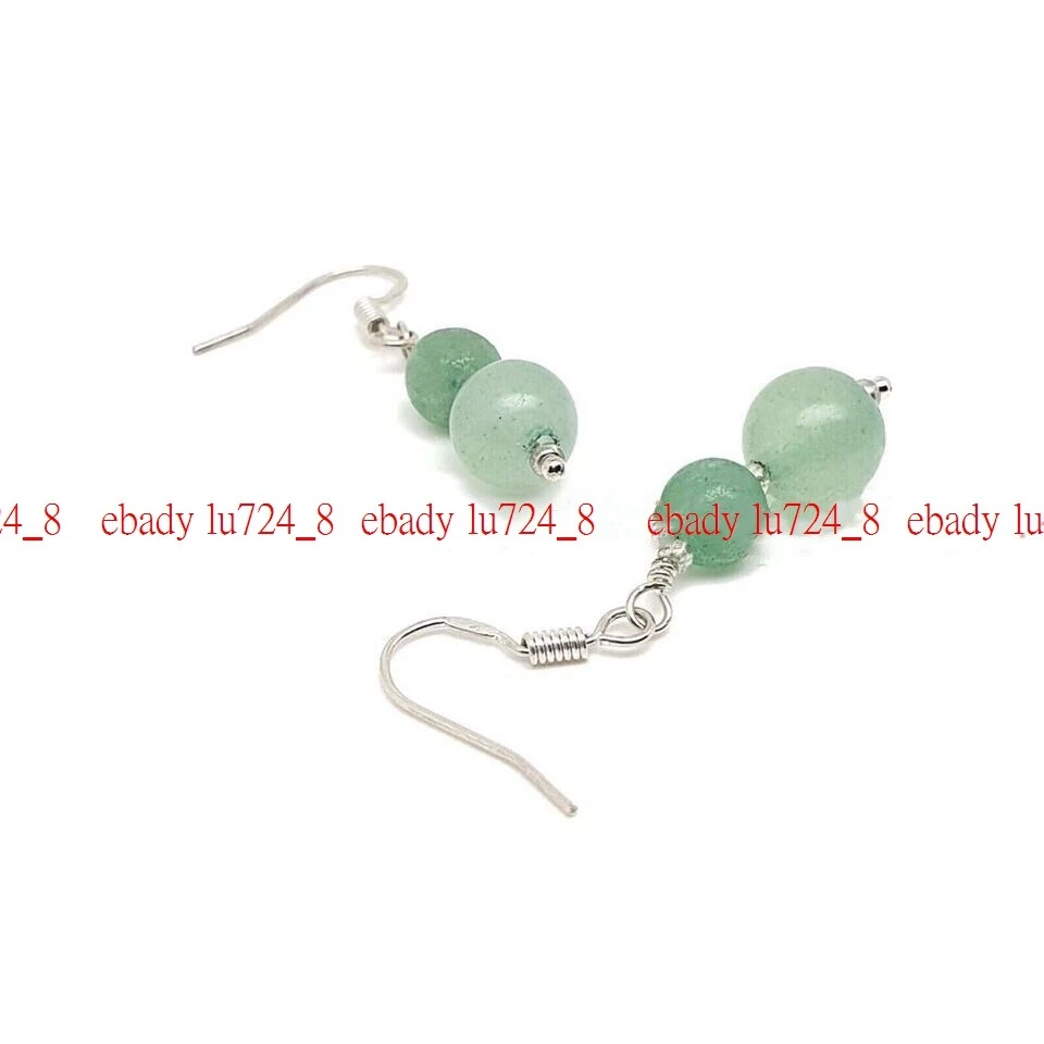 Pendientes de gancho colgantes con cuentas redondas de piedras preciosas verdes naturales de aventurina de 6 mm-8 mm Foto 2 de 4
