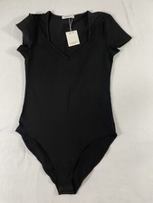 MANGOPOP Sweetheart V Neck Bodysuit for Women Short Sleeve Body Suit Sz XS Black