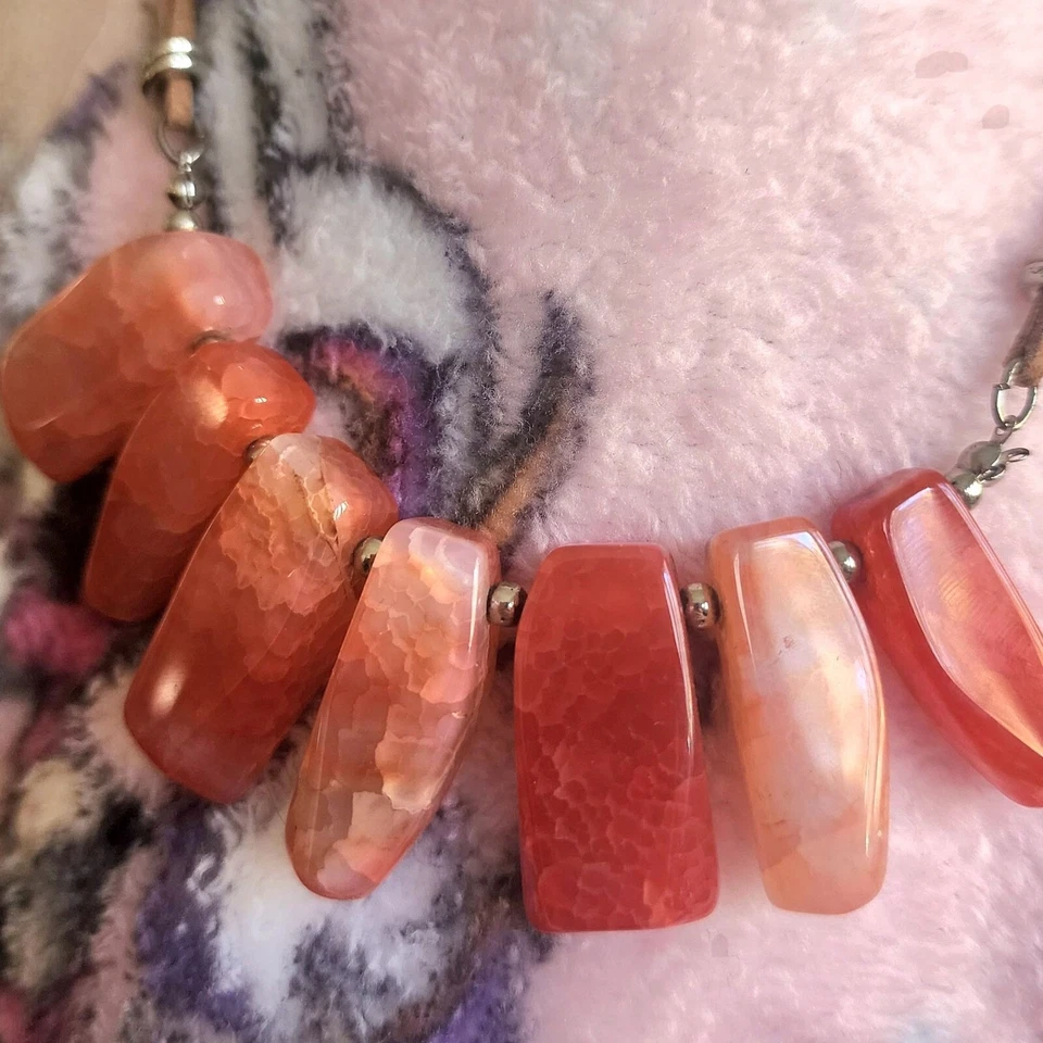 Boho Agate Carnelian Statement Necklace Leather Pink Orange Gemstone Jewelry 20" - Image 3 of 4