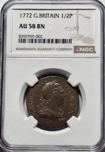 1772 Great Britain Half Penny NGC AU58 BN Hints of Red, Colonial Era Coin