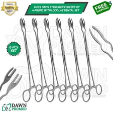 6 Pcs Davis Sterilizer Forceps 10" 4-Prong With Lock Lab Dental Surgical Set