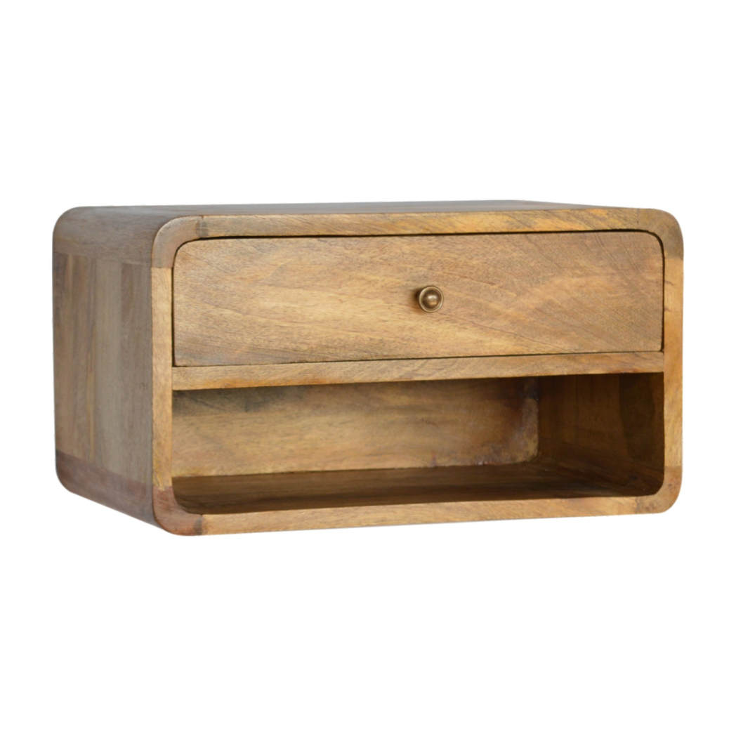 Artisan Furniture Oak Single Drawer Single Shelf Mango Wood Curved Floating Bedside Table - Image 2