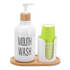 Mouthwash Dispenser with Cup Holder, Plastic White Mouth Wash Pump Bottle wit...