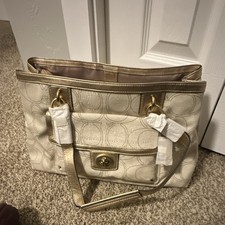Coach Beige Gold Shoulder Bag Logo Pattern Metallic Trim Gold Hardware Women