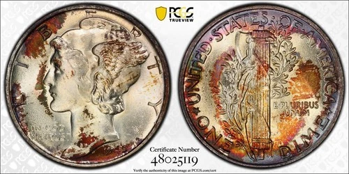1945 PCGS MS67 MERCURY DIME Toned In Spots