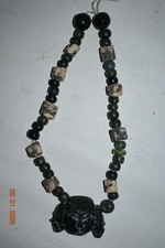 BEAUTIFUL MAYAN JADE NECKLACE, 3 FACE LIFE/DEATH PENDANT, restung, 10+"