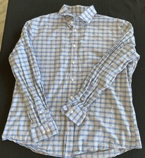Michael Kors Shirt Mens XL 17 34/35 Blue Tan Plaid Slim Fit Stretch Button Down