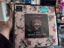 Ed Hardy 6 Piece Queen Sheet Set Pink Tattoo Print Includes 4 Pillowcases