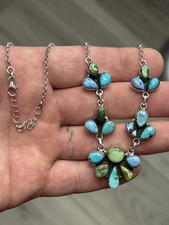 STERLING SILVER NATIVE AMERICAN SW PREMIUM TURQUOISE CLUSTER DROP NECKLACE .925