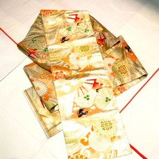 Antique Kimono Maru Obi Silk Fan with floral pattern Gold 155.1inch Women's