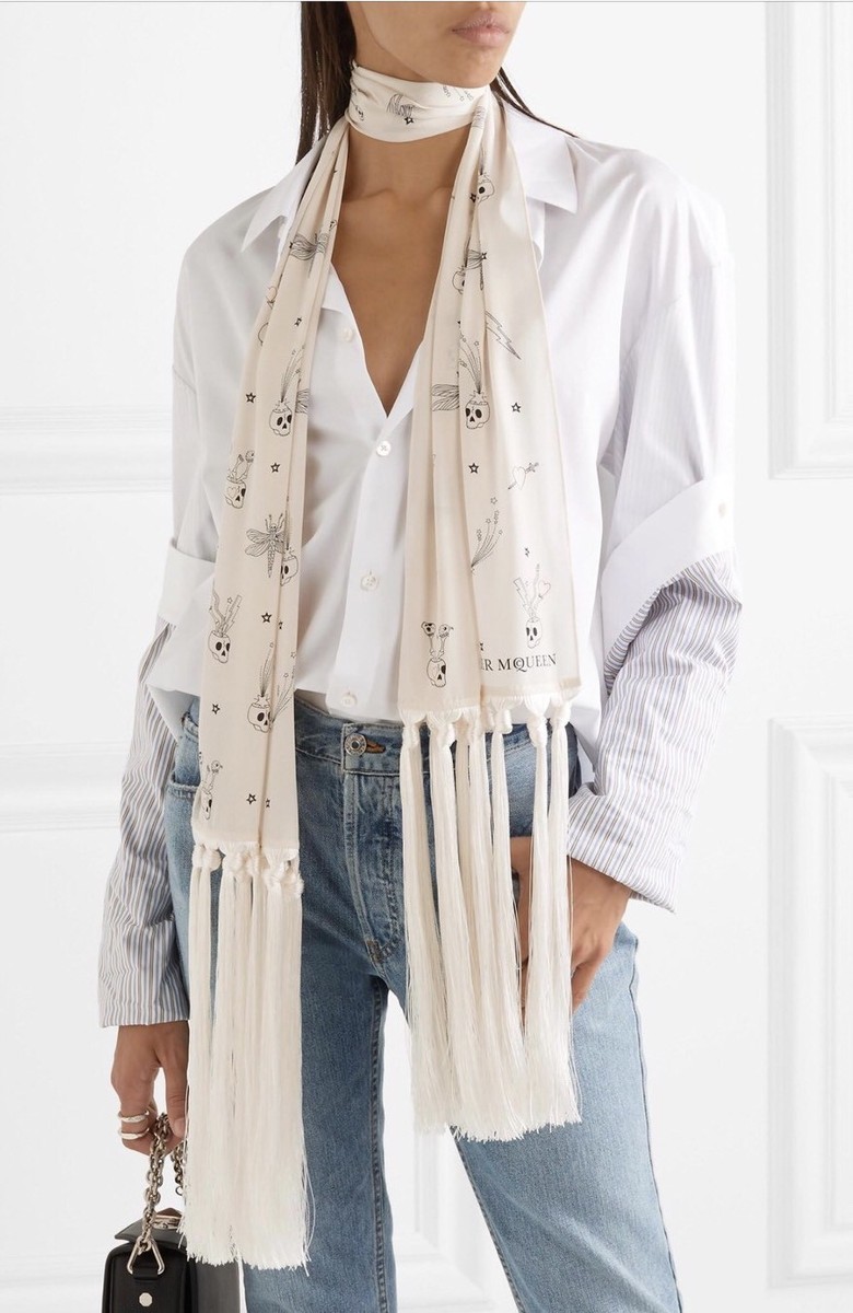 Alexander McQueen Fringe Skull Dragonfly Printed BLACK Silk Crepe