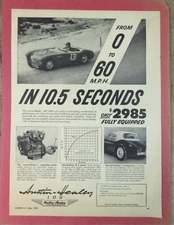 AUSTIN-HEALEY 100 - 0 to 60 in 10.5 sec - Vtg 1955 Magazine Ad Advertisement