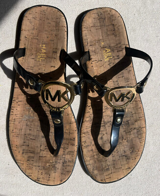 Michael Kors Black Jelly Flip Flops Gold MK Charm Size Cork