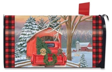Winter Puppy Pickup Magnetic Mailbox Cover Christmas Plaid Standard