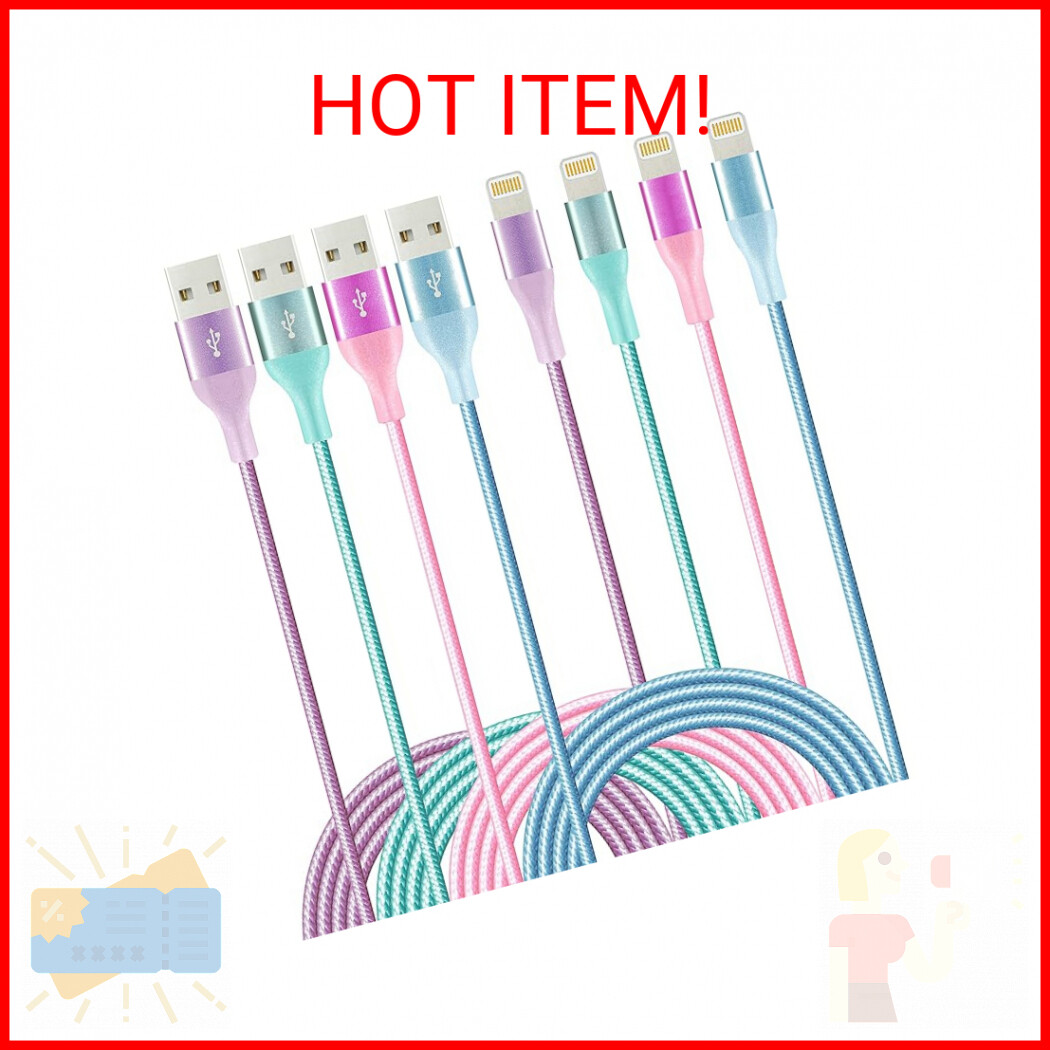 iPhone Charger 6ft 4Pack Lightning Cable Apple MFi Certified Colorful Kawaii Nyl-image