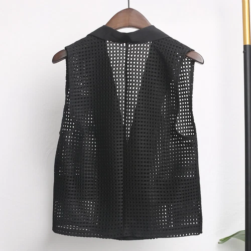 Lady Hollow Out Mesh Gilet Vest Loose Lapel Sleeveless Waistcoat Jacket Tops - Foto 15 di 17