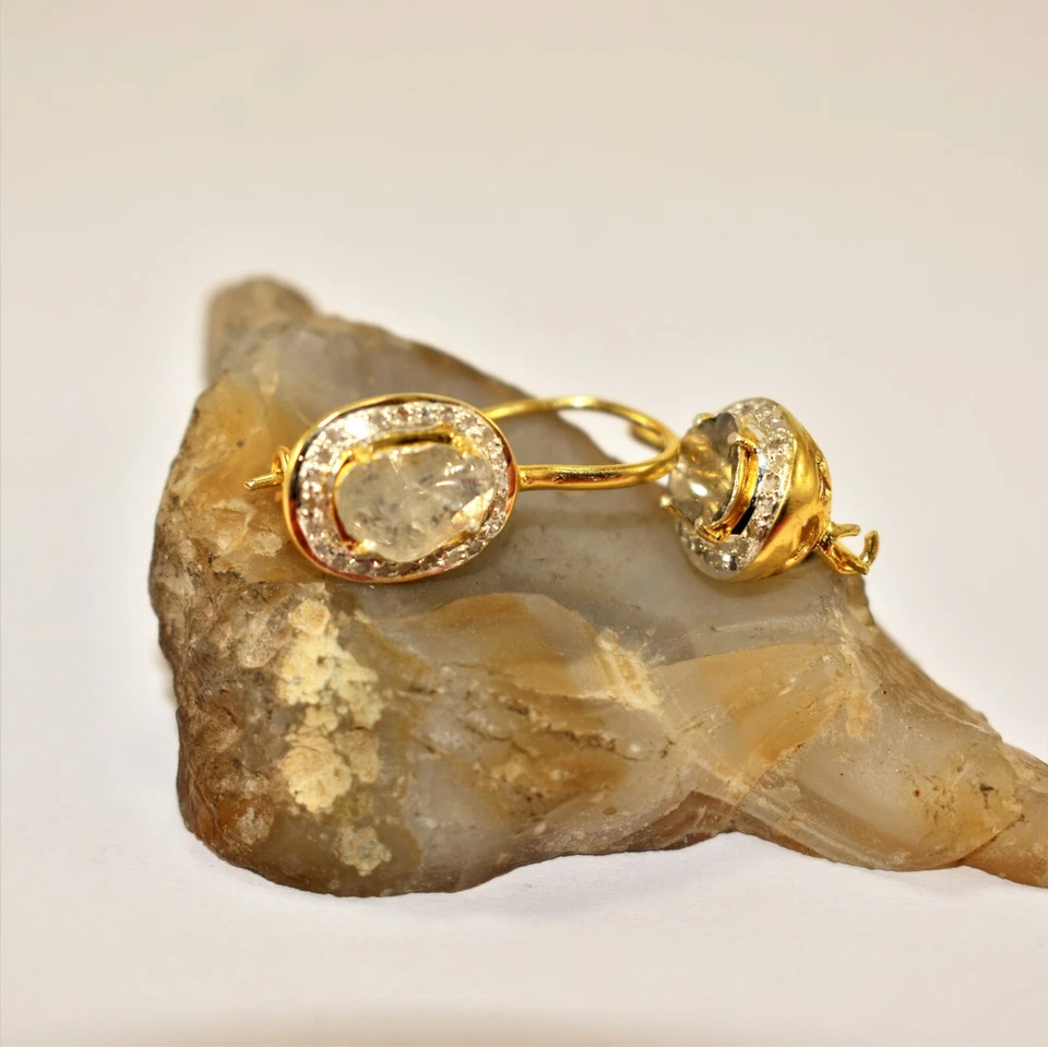 Slice Polki 钻石耳环 925 纯银维多利亚式耳环首饰 — 第 3/4 张图片