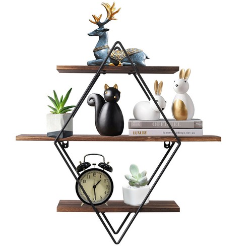 Rustic 3 Tier Diamond Shape Wooden Floating Shelf with Metal Frame Wall Mounted - Picture 3 of 11