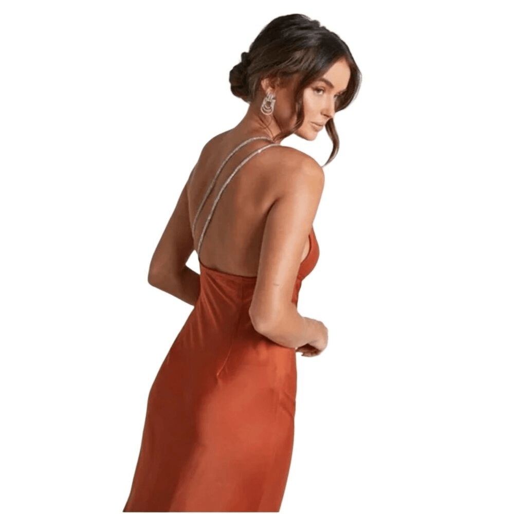 Showpo ELZALES Dress One Shoulder Beaded Strap Satin Dress Rust 2 NWT | eBay