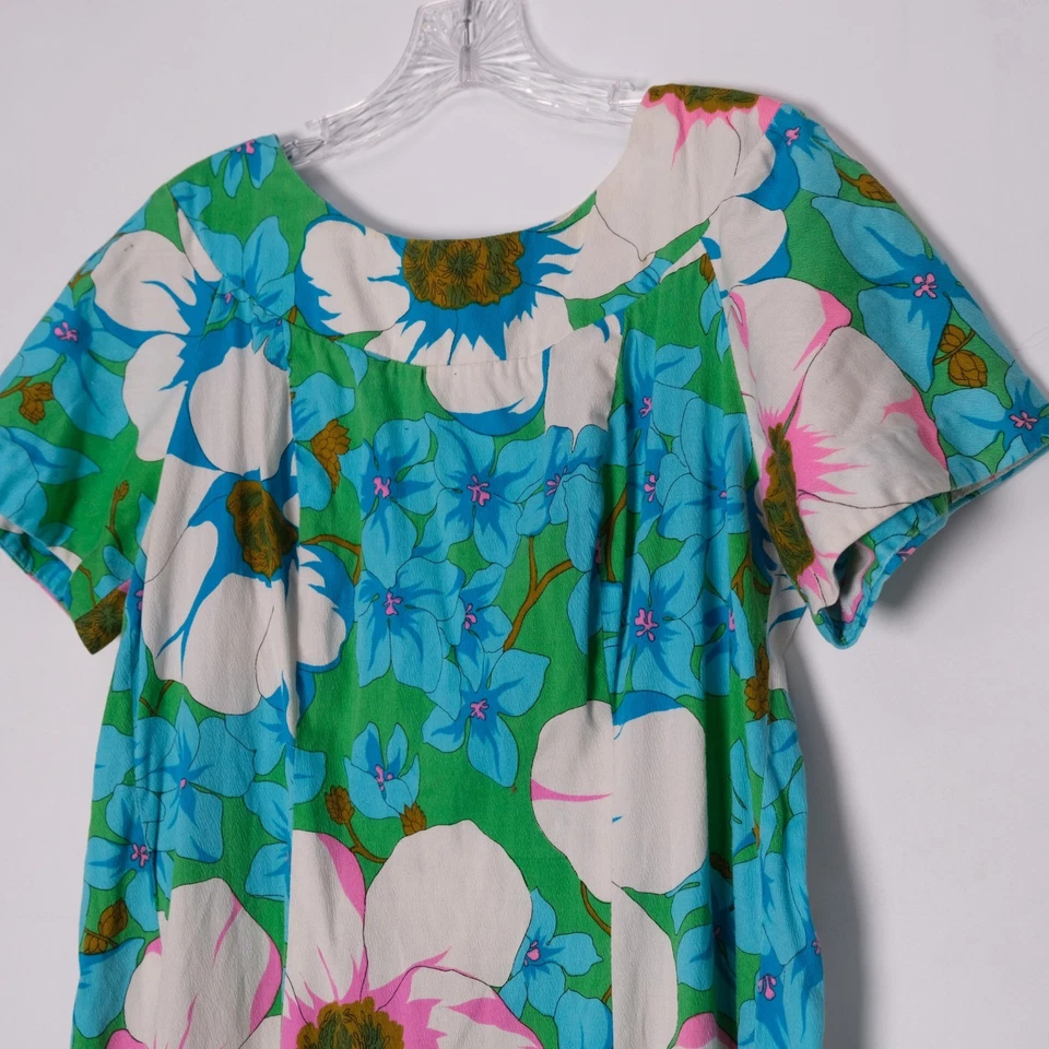 Maxi Vestido Hawaiano Vintage Estampado Floral Verde Azul Rosa Blanco Manga Corta Foto 2 de 4