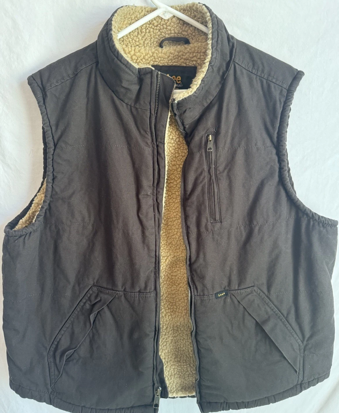 Lee Premium Select Canvas Sherpa Lined Insulated Vest Brown Full Zip Mens Large