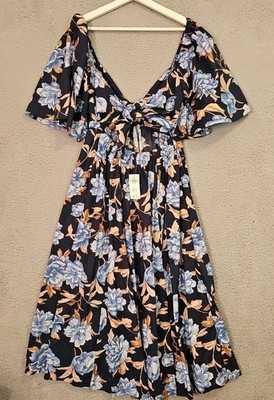 floral twist front poplin midi dress Cotton Poplin Puff Sleeve Twist Front Cutout Midi Dress With Pockets