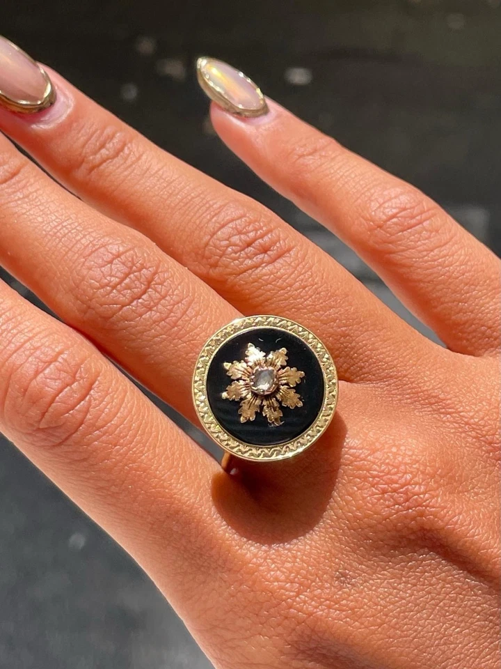 Bague ancienne en Or Jaune 18 cts /Diamant coussin sur Onyx / Réf MP2649 - Photo 3/4