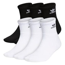 6 NEW PAIRS OF MENS ADIDAS ORIGINAL TREFOIL QUARTER SOCKS BLACK AND WHITE SIZE L