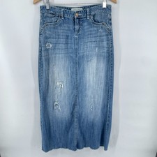 Vtg Distressed Denim Maxi Skirt Size 5/6 Blue Patched Y2K Faded Grunge Festival