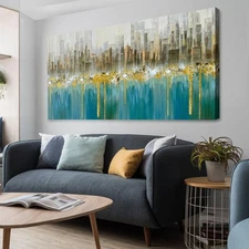 Ardemy Teal Abstract Cityscape Canvas Wall Art Modern Skyline Gold Textured P...